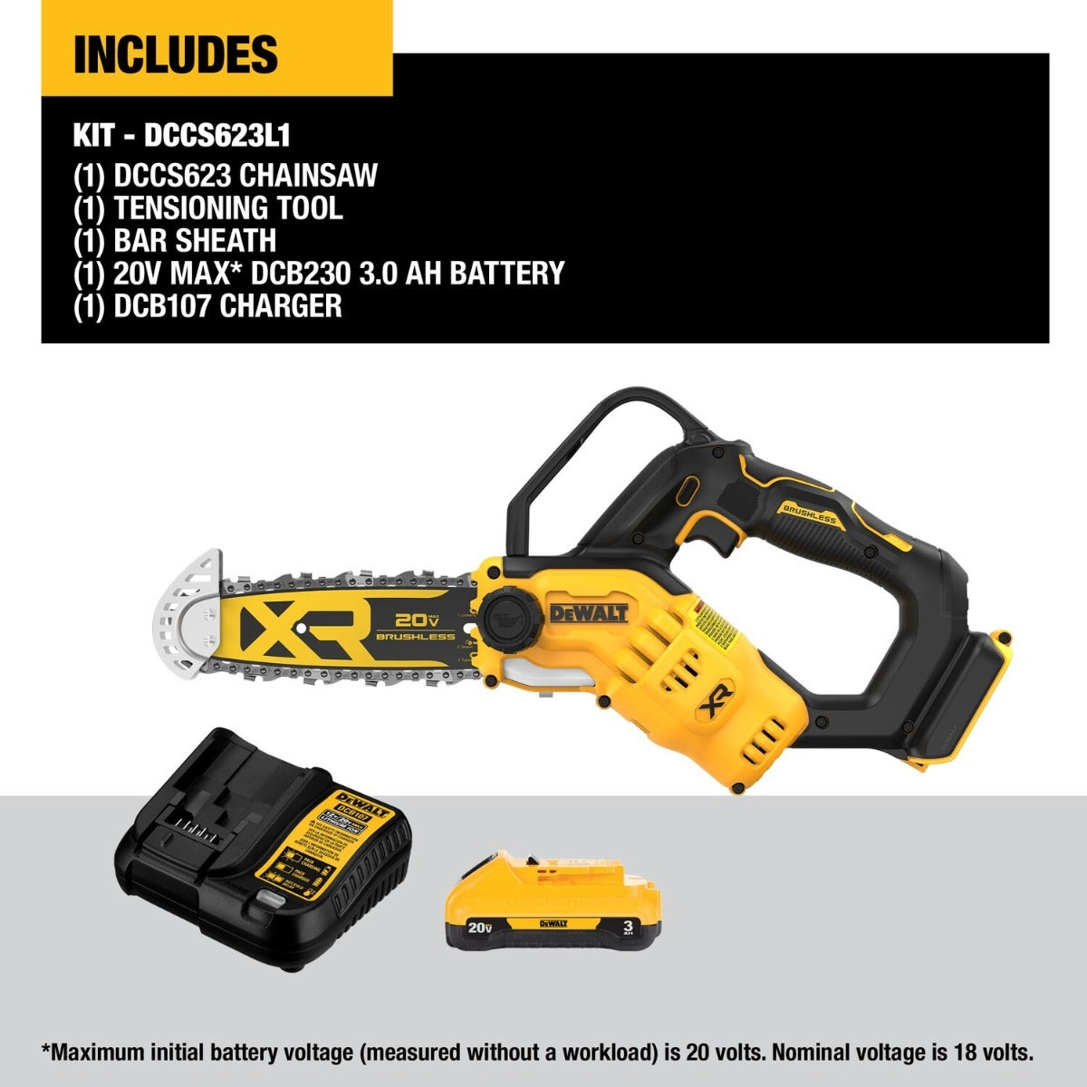 DeWalt DCCS623L1 20V MAX XR Brushless 8 in. Chainsaw 3.0Ah Kit